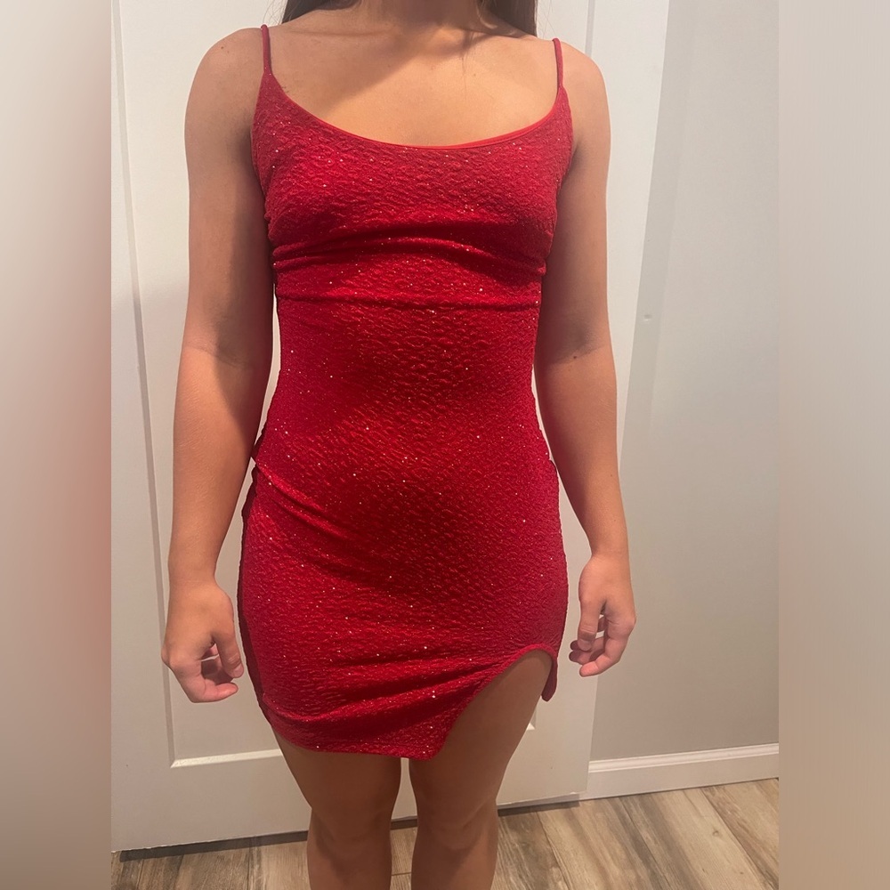 Windsor Dress Shortie Size XS Homecoming Red Glitter Spaghetti Strap Slit Hoco